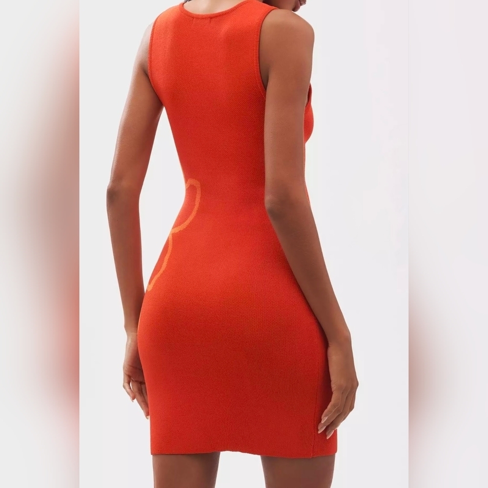 Flat White Anthro Sleeveless Square-Neck Flower-Print Knit Mini Dress Red Orange - Picture 5 of 11